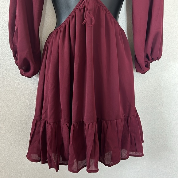 Princess Polly Natasha Maroon Burgundy Halter Cutout Balloon Sleeve Mini Dress - Picture 7 of 13
